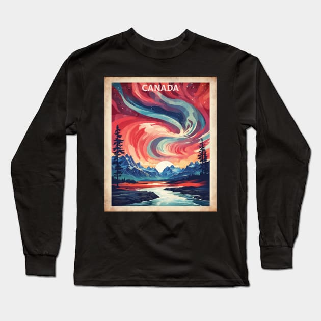 Canadian Landscape Aurora Boreal Vintage Poster Tourism Long Sleeve T-Shirt by TravelersGems